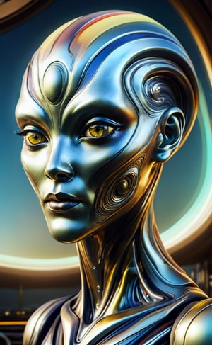 Out of a heavy seastorm with branding waves appears a female scifi creature of liquid metal with an unreadable expression, dark palette,  high resolution and contrast and colour contrast,  intricately textured and extremely subtle detailed,  detailmaster2,  side-light,  ultra quality,  fine artwork 