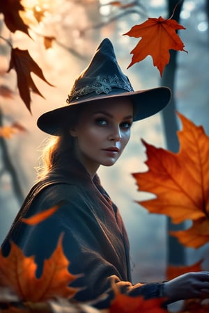 (((Art photography,  masterpiece)))_(((a witch and Jack's ghost meet among dead leaves:1.3)))_(((in a photorealistic foggy Autumn landscape of end  october , dead leaves everywhere,  in the style of National Geographic)))_dark palette, dramatic  atmosphere, naturalistic colouring with a blue/grey touch, volumetric lighting,  intricately textured and extremely subtle detailed,  detailmaster2,  ultra quality,  pastel art,  fine artwork , epic vision,  deep focus 