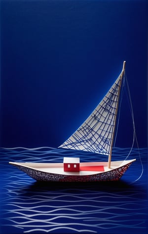 (Kirigami) a geometrically abstracted kirigami masterpiece of a boat on sea in blue, white, indigo, scarlet, black papers, dark palette,  high resolution and contrast and colour contrast,  intricately textured and extremely subtle detailed,  detailmaster2,  side-light,  ultra quality,  fine artwork , epic view