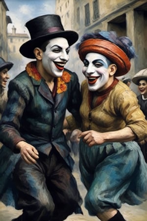 (Oil painting,  masterpiece Picasso style) dramatic scene 2 angry grinning Harlekin in ceckered costumes dancing on a marketplace , first person view,  dark palette, watercolor like colouring, high resolution and contrast and colour contrast,  intricately textured and extremely subtle detailed,  detailmaster2,  side-light,  ultra quality,  fine artwork 