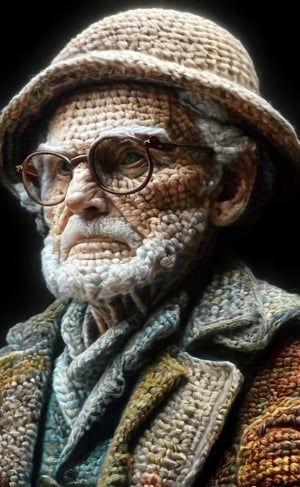 The fully crocheted portrait of an old, wise looking man looking into the wide, crocheted 
parc background,  dark palette,  high resolution and contrast and colour contrast,  intricately textured and extremely subtle detailed, detailmaster2, epic view, side-light, ultra quality,  fine artwork 