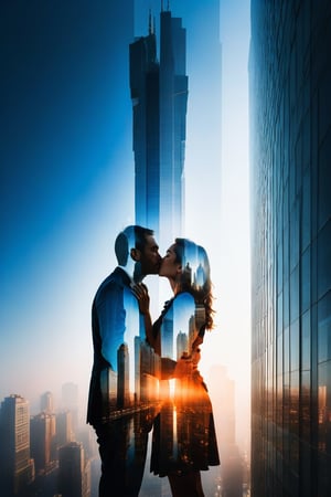 Silhouette of a skyscraper. Inside the silhouette  you can see 1 man and 1 woman kissing each other, masterpiece,  ((double-exposure)), proportional ,DOUBLE EXPOSURE