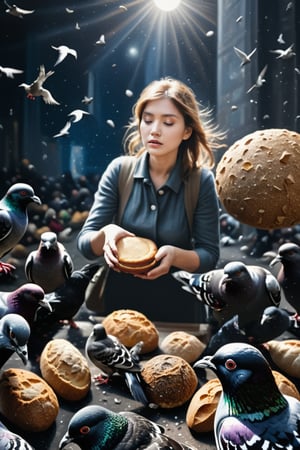 (Art photography) (a woman feeds pigeons with bread chunks:1.9),  (at a very crowded place in Hamburg:1.3), dark  palette,  high resolution and contrast and colour contrast,  intricately textured and extremely subtle detailed,  detailmaster2,  side-light,  ray tracing shadows,  ultra quality,  fine artwork 