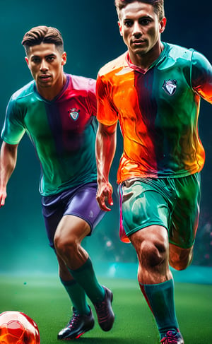 (Jelly style) 2 Jelly style soccer players running after a football, dark vivid palette,  high resolution and contrast and colour contrast,  intricately textured and extremely subtle detailed,  detailmaster2,  side-light,  epic view, ultra quality,  fine artwork ,more detail XL