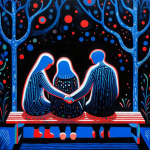 (Minimalism) a Yayoi Kusama style minimalist painting of 2 young lovers sitting and holding hands on a parc bench, dark palette,  high resolution and contrast and colour contrast,  intricately textured and extremely subtle detailed,  detailmaster2,  side-light,  ultra quality,  fine artwork 