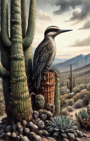 An ink colored charcoal drawing of Saguaro cacti with a specific bird thegeocoocyx californianus, high resolution and contrast and colour contrast,  dark palette,  intricately textured and extremely expressively detailed, detailmaster2,  fine artwork,  ultra quality,  epic view ,CharcoalDarkStyle,charcoal drawing,Pomological Watercolor,ink art