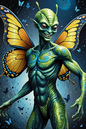 (Comic  Art) a male Alien with a swirled skin and amazing friendly, smiling face and empathy for living organisms dances together with a butterfly,  dark palette, high  resolution and contrast and colour contrast,  intricately textured and extremely subtle detailed,  detailmaster2,  side-light,  ultra quality,  fine artwork,sad looking,tears,sorrowful