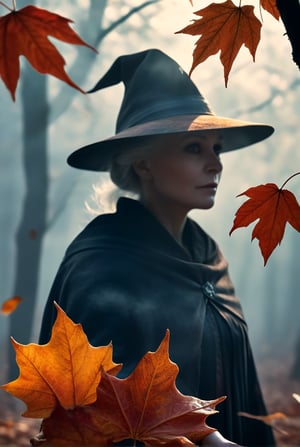 (((Art photography,  masterpiece)))_(((a witch and Jack's ghost meet among dead leaves:1.3)))_(((in a photorealistic foggy Autumn landscape of end  october , dead leaves everywhere,  in the style of National Geographic)))_dark palette, dramatic  atmosphere, naturalistic colouring with a blue/grey touch, volumetric lighting,  intricately textured and extremely subtle detailed,  detailmaster2,  ultra quality,  pastel art,  fine artwork , epic vision,  deep focus 