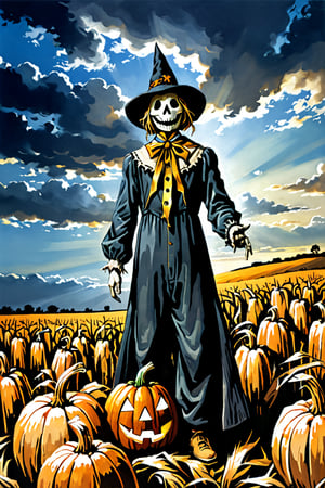 (((Colour photography)_(((Art photography, masterpiece)))_(((the photograph of Jack as Scarecrow within a dry corn field:1.7)))_(((a Jack-o-lantern:1.5)))_(((and the ghost of Jack at samhain by night:1.3)))_(((background, grassy plain all over in naturalistic colouring:1.3)))_(((in the sky fantastically formed clouds:1.3)))_volumetric lighting, dramatic atmosphere, dark palette, 28mm, t1/250, f14,  deep focus, high resolution and contrast and colour contrast,  intricately textured and extremely subtle detailed,  detailmaster2, side-light,  ultra quality,  fine artwork , Raw Photo