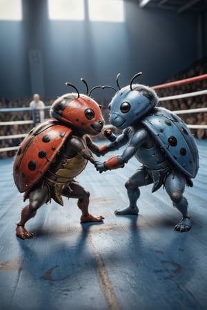 2 red lady bugs fight against each other in a boxing ring ,vivid palette, light-blue with sporting fans in the background,  deep focus,  intricately textured and extremely subtle detailed,  detailmaster2,  side-light,  high resolution and contrast,  high colour contrast,  ultra quality,  ,Pomological Watercolor,Leonardo Style,Sports 