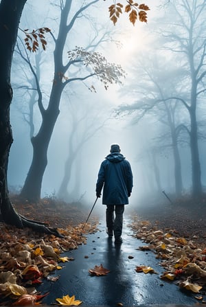 (((Art photography,  masterpiece)))_(((a photorealistic foggy Autumn landscape of end  october with a lone walker dead leaves everywhere,  in the style of National Geographic)))_dark palette, dramatic  atmosphere, naturalistic colouring with a blue/grey touch, volumetric lighting,  intricately textured and extremely subtle detailed,  detailmaster2,  ultra quality,  pastel art,  fine artwork , epic vision,  deep focus 