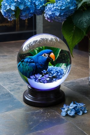 (((Black and white photography )))_(((Art photography, masterpiece)))_( A large round translucent concrete crystal  ball filling the image, lying on a museum floor  reflecting a blue mawcaw parrot ,a light-violet hydrangea  in divergent perspective:1.7)_(black and white  surroundings:1.2),  dark palette, 28mm, t1/250, f14,  high resolution and contrast and colour contrast,  intricately textured and extremely subtle detailed,  detailmaster2,  side-light,  ultra quality,  fine artwork , Raw Photo