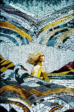 A glass mosaic of landscape with small lake and trees around in the foreground and high mountains  in the background,  dark palette,  high resolution and contrast and colour contrast,  intricately textured and extremely subtle detailed,  detailmaster2,  side-light,  epic view,  fine artwork ,DonMPl4sm4T3chXL ,colorful, dark_magician_girl,ArtDecoXL