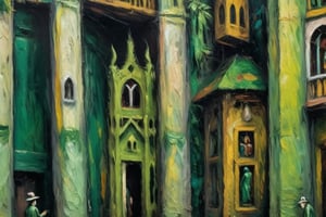 A surrealistic oil paint reminiscenting rainforest life, structures and textures intermingle, it's also concrete as fantastical, no perspective, 1 image plane view, extra dark palette of greens and browns, masterpiece,  ultra quality,  fine artwork inspired  by Max Ernst's works 