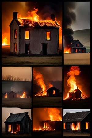 ( photography National geographic style,  masterpiece) A little farmhouse in a poor isolated countryside burns down. It's dramatic, tells a long story of hard work and lost fights . Hard and dry ground around ths burning house, old farmhouses stuff lying around. Dark, greyish dull colouring except for the flames shooting out of the farmhouse windows. Dark palette , high resolution and contrast and colour contrast,  intricately textured and extremely subtle detailed,  detailmaster2,  dramatic  lighting, ultra quality , fine artwork 