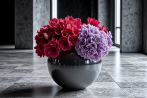 (((Black and white photography )))_(((Art photography, masterpiece)))_( A large round translucent concrete crystal  vase filling the image, lying on a museum floor with scarlet cyclamen  ,a light-violet hydrangea  in divergent perspective:1.7)_(black and white  surroundings:1.2)_(background  a large bright modernistic window:1.3) dark palette, 28mm, t1/250, f14,  high resolution and contrast and colour contrast,  intricately textured and extremely subtle detailed,  detailmaster2,  side-light, volumetric  lighting, ultra quality,  fine artwork , Raw Photo