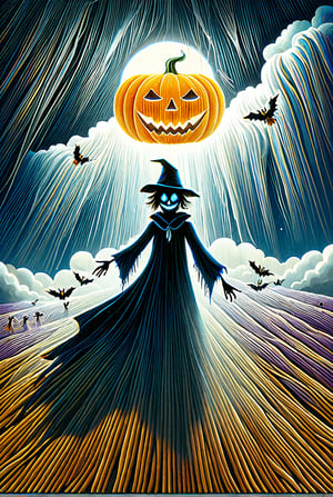 (((Colour painting)_(((Art painting, masterpiece)))_(((the painting of Jack as Scarecrow within a dry corn field:1.7)))_(((a Jack-o-lantern:1.5)))_(((and the ghost of Jack at samhain by night:1.3)))_(((background, grassy plain all over in violet/indigo/tan:1.3)))_(((in the sky fantastically formed clouds:1.3)))_volumetric lighting, dramatic atmosphere, dark palette, 28mm, t1/250, f14,  deep focus, high resolution and contrast and colour contrast,  intricately textured and extremely subtle detailed,  detailmaster2, side-light,  ultra quality,  fine artwork , Raw Photo