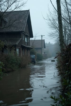 (National geographic style, masterpiece) A flooded village in Saxony , for too heavy  rainfall. People  must leave overflooded houses, some can rescue themselves  in the upper etages. The wild water has taken over roads and cars. Civilization has taken a full stop. Dark palette,  greyish toned colors, epic view, dramatic lighting,  high resolution and contrast and colour contrast,  intricately textured and extremely subtle detailed,  detailmaster2,  side-light,  ultra quality,  fine artwork 