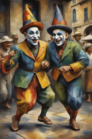 (Oil painting,  masterpiece Picasso style) dramatic scene 2 angry grinning Harlekin in ceckered costumes dancing on a marketplace , first person view,  dark palette, watercolor like colouring, high resolution and contrast and colour contrast,  intricately textured and extremely subtle detailed,  detailmaster2,  side-light,  ultra quality,  fine artwork 