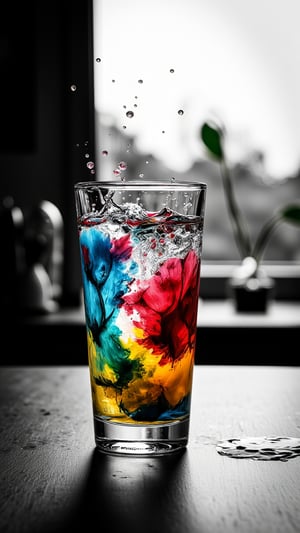 (((Black and white photography)))_(((Colour photography)))_(((Art photography, masterpiece)))_( an image filling glass with water,:1.5)_( red, blueyellow watercolour diffusing into the water in accelerated curvilinear perspective:1.7)_(in the backgrounda green figure:1.3)_(black and white  surroundings:1.2),  dark palette, 28mm, t1/250, f14,  deep focus, high resolution and contrast and colour contrast,  intricately textured and extremely subtle detailed,  detailmaster2,  backlight, dramatic  lighting, ultra quality,  fine artwork , Raw Photo