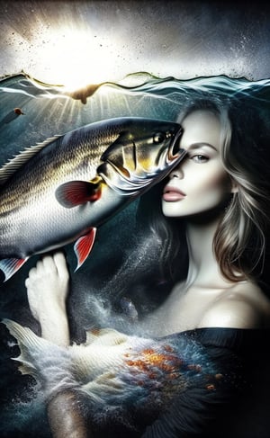 A double-exposure of  first  an attractive woman and secondly a a big fish,  dark palette,  high resolution and contrast and colour contrast,  intricately textured and extremely subtle detailed,  detailmaster2,  backlight,  ultra quality,  fine artwork ,more detail XL,photo r3al,dramaticwatercolor,DOUBLE EXPOSURE