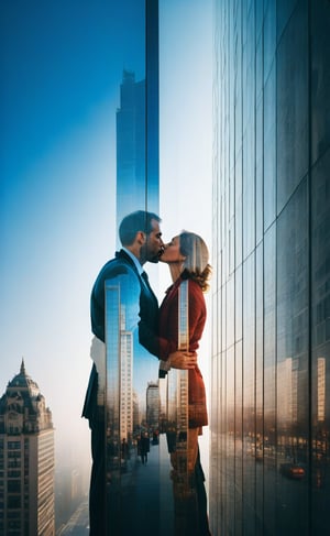 Facade of a skyscraper. Inside the facade  you can see 1 man and 1 woman kissing each other, masterpiece,  ((double-exposure)), proportional ,DOUBLE EXPOSURE