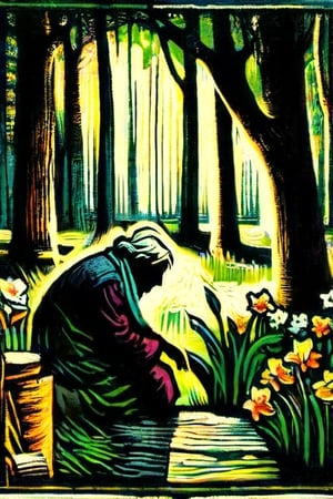 ( woodblock print design) 1 elderly woman bows down in the park, outdoors, to get a better smell of all the daffodils around,, dark palette, spring lighting, high colour contrast, high contrast, warm colours,  juicy green, 2D, ultra quality , intricately textured and detailed,digital painting,woodblock print