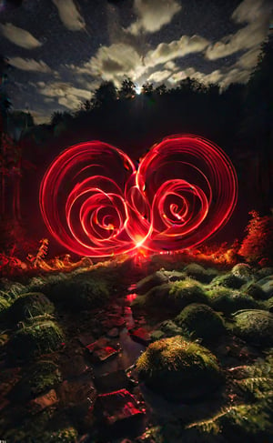(Light painting photography) love written in the air with a red laser pointer,  28mm, f8, t0,5s, dark palette,  high resolution and contrast and colour contrast,  intricately textured and extremely subtle detailed,  detailmaster2,  side-light,  ultra quality,  fine artwork 