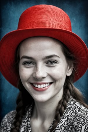  (photographic artwork) (((monochrome  image 70s style black and white) and red ), indigo background)  a full-body  portrait  of a grinning  lady with a red hat in a zoo, dark palette , transparent  fading,  resolution and contrast and colour contrast,  intricately textured and extremely subtle detailed,  detailmaster2,  side-light,  ultra quality,  fine artwork 