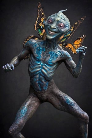 (Comic  Art) a male Alien with a funny swirled skin and amazing friendly smiling faces and empathy for living organisms dances together with a butterfly,  dark palette, high  resolution and contrast and colour contrast,  intricately textured and extremely subtle detailed,  detailmaster2,  side-light,  ultra quality,  fine artwork 