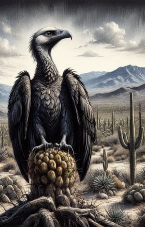 A charcoal ink coloured drawing of Saguaro cacti wit a vulture, high resolution and contrast and colour contrast,  dark palette,  intricately textured and extremely expressively detailed, detailmaster2,  fine artwork,  ultra quality,  epic view ,CharcoalDarkStyle,charcoal drawing,ink art,line art illustration,Pomological Watercolor