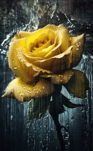 A double-exposure shows  a yellow rose  through the water of  a waterfall,  dark palette,  high resolution and contrast and colour contrast,  intricately textured and extremely subtle detailed,  detailmaster2,  backlight,  ultra quality,  fine artwork ,more detail XL,photo r3al,dramaticwatercolor