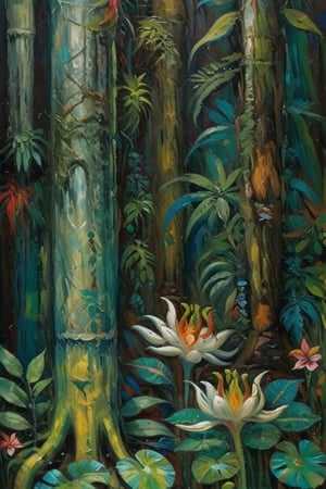 A surrealistic oil paint reminiscenting rainforest life, structures and textures intermingle, it's also concrete as fantastical, no erspective, 1 image plane, extra dark palette of greens and browns, masterpiece,  ultra quality,  fine artwork inspired  by Max Ernst's works 