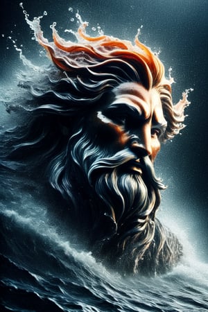 Poseidon appears from the stormy sea, dark palette,  high resolution and contrast and colour contrast,  intricately textured and extremely subtle detailed,  detailmaster2,  side-light,  ultra quality,  fine artwork ,colorful,Movie Still