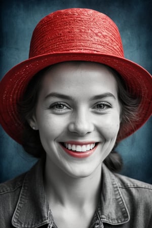  (photographic artwork) (((monochrome  image 70s style black and white) and red ), indigo background)  a full-body  portrait  of a grinning  lady with a red hat in a zoo, dark palette , transparent  fading,  resolution and contrast and colour contrast,  intricately textured and extremely subtle detailed,  detailmaster2,  side-light,  ultra quality,  fine artwork 