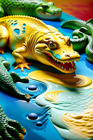 (((Relief sculpture)))_(((Colour photography)))_(((Art photography, masterpiece)))_(((the photograph of a landscape with walking crocodiles pressed altogether of creme toothpaste coloured by green,blue, yellow, red filtered spot lights, sort of half-relief:1.7))), volumetric lighting,  dark palette, 28mm, t1/250, f14,  deep focus, high resolution and contrast and colour contrast,  intricately textured and extremely subtle detailed,  detailmaster2, side-light,  ultra quality,  fine artwork , Raw Photo