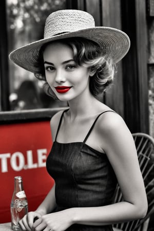  (photographic artwork, masterpiece) (((monochrome  image 40s style black and white) and red ), yellow hue to the background)  a full-body  portrait  of a grinning  lady with dark red lipstick coloured lips wearing a small straw hat in a parc , dark palette , transparent  fading,  resolution and contrast and colour contrast,  intricately textured and extremely subtle detailed,  detailmaster2,  side-light,  ultra quality,  fine artwork 