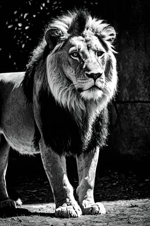  (photographic artwork) (monochrome  image 70s style black and white)  a full-body  portrait  of a  lion in a zoo, dark palette , transparent  fading,  resolution and contrast and colour contrast,  intricately textured and extremely subtle detailed,  detailmaster2,  side-light,  ultra quality,  fine artwork 