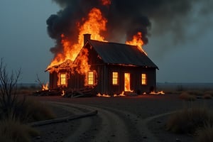 ( photography National geographic style,  masterpiece) A little farmhouse in a poor isolated countryside burns down. It's dramatic, tells a long story of hard work and lost fights . Hard and dry ground around ths burning house, old farmhouses stuff lying around. Dark, greyish dull colouring except for the flames shooting out of the farmhouse windows. Dark palette , high resolution and contrast and colour contrast,  intricately textured and extremely subtle detailed,  detailmaster2,  dramatic  lighting, ultra quality , fine artwork 