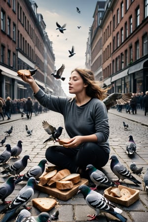 (Art photography) (an icarus woman feeds pigeons with bread pieces:1.9),  (at a very crowded place in Hamburg:1.3), dark  palette,  high resolution and contrast and colour contrast,  intricately textured and extremely subtle detailed,  detailmaster2,  side-light,  ray tracing shadows,  ultra quality,  fine artwork 