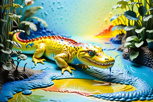 (((Relief sculpture)))_(((Colour photography)))_(((Art photography, masterpiece)))_(((the photograph of a landscape with walking crocodiles pressed altogether of creme toothpaste coloured by green,blue, yellow, red filtered spot lights, sort of half-relief:1.7))), volumetric lighting,  dark palette, 28mm, t1/250, f14,  deep focus, high resolution and contrast and colour contrast,  intricately textured and extremely subtle detailed,  detailmaster2, side-light,  ultra quality,  fine artwork , Raw Photo