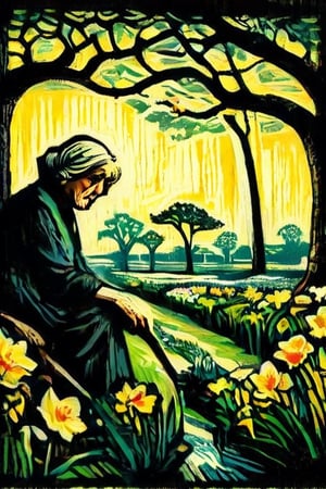 ( woodblock print design) 1 elderly woman bows down in the park, outdoors, to get a better smell of all the daffodils around,, dark palette, spring lighting, high colour contrast, high contrast, warm colours,  juicy green, 2D, ultra quality , intricately textured and detailed,digital painting,woodblock print,50s Poster