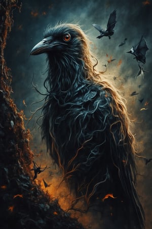 (((Coloured Pencil drawing, masterpiece)))_(((crows picking on dead bats in the early morning:1.7)))_volumetric lighting, dramatic atmosphere, dark palette, 28mm, t1/250, f14,  deep focus, high resolution and contrast and colour contrast,  intricately textured and extremely subtle detailed,  detailmaster2, side-light,  ultra quality,  fine artwork , Raw Photo