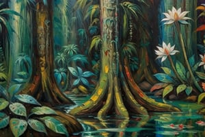 A surrealistic oil paint reminiscenting rainforest life, structures and textures intermingle, it's also concrete as fantastical, no erspective, 1 image plane, extra dark palette of greens and browns, masterpiece,  ultra quality,  fine artwork inspired  by Max Ernst's works 