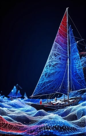 (Kirigami) a geometrically abstracted kirigami masterpiece of a boat on sea in blue, white, indigo, scarlet, black papers, dark palette,  high resolution and contrast and colour contrast,  intricately textured and extremely subtle detailed,  detailmaster2,  side-light,  ultra quality,  fine artwork , epic view