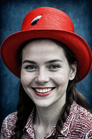  (photographic artwork) (monochrome  image 70s style black and white and red , indigo background)  a full-body  portrait  of a grinning  lady with a red hat in a zoo, dark palette , transparent  fading,  resolution and contrast and colour contrast,  intricately textured and extremely subtle detailed,  detailmaster2,  side-light,  ultra quality,  fine artwork 