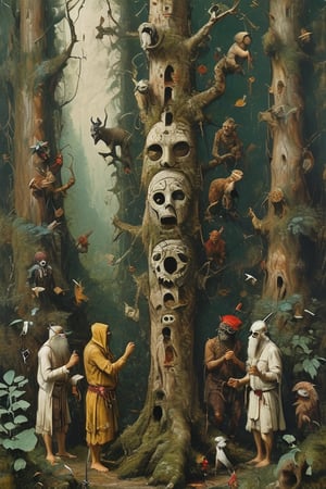 ((A Hieronymus Bosch-like scenery )(A totem dance in rainforest around a masked tree with cut in masks  of gods and demons:1.6)),BREAK,(masked with demonesc wood masks, men and women dancing together around the tree:1.2),BREAK, (dark greens, browns, grays, yellows and muted colours:1.2), intense atmosphere, action, elegant deep focus, detailmaster2,  strobe lighting, concept art, ultra quality,  fine artwork 