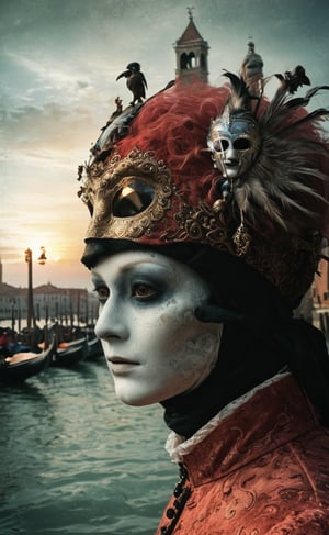 An infrared double-exposure  first shot the sunrise over a canale in Venice second shot 1 male and 1 female vis-a-vis in classical venetian carnival masking,  high resolution and contrast and colour contrast,  intricately textured and extremely subtle detailed,  detailmaster2,  backlight,  ultra quality,  fine artwork 