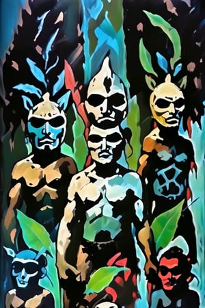 (A totem dance in rainforest around a masked tree with cut in masks  of gods and demons:1.6),BREAK,(masked with demonesc wood masks, men and women dancing together around the tree:1.2),BREAK, (dark greens, browns, grays, yellows and muted colours:1.2), intense atmosphere, action, elegant deep focus, detailmaster2,  strobe lighting, concept art, ultra quality,  fine artwork 