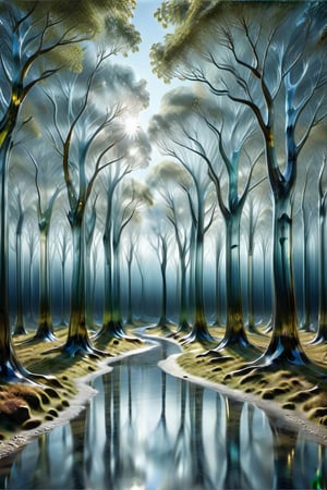 (On a walk in a wood of glass:1.3), (wonderful light reflections among the translucent glass trees_mystic structures,  a mystic place:1.5), dark palette,  high resolution and contrast and colour contrast,  intricately textured and extremely subtle detailed,  detailmaster2,  side-light,  ray tracing shadows,  ultra quality,  fine artwork 